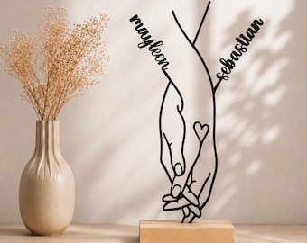 Personalized hands with names including fairy lights, wedding gift, anniversary gift, engagement gift, 3D printed decoration, line art