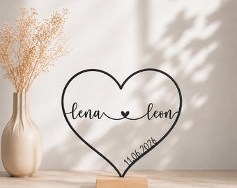 Personalisierter Herz-Aufsteller mit Namen und Datum inkl. Lichterkette, 3D-Druck, Line Art Aufsteller, Hochzeit, Jahrestag, 3D-Herz
