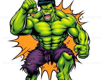 May include: A green, muscular cartoon character with a purple and green outfit, is shown in a dynamic pose with a clenched fist and a fierce expression. The character is surrounded by a yellow and orange comic book style explosion.