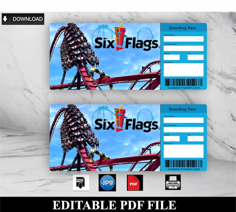 Printable SIX FLAGS Surprise Gift Ticket. Boarding Pass. Trip Ticket ...