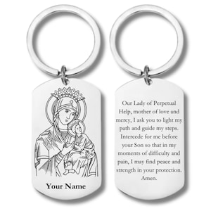 Unsere Dame der Immerwährenden Hilfe mit Gebet, Nuestra Señora del Perpetuo Socorro, Edelstahl-Schlüsselbund, inklusive personalisierter Gravur