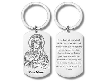 Our Lady Of Perpetual Help with Prayer, Nuestra Señora del Perpetuo Socorro, Stainless Steel Keychain, Personalized Engraving Included