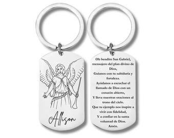 St. Gabriel, the Archangel with Prayer in Spanish, Stainless Steel Rectangular Keychain, Personalized Engraving Included