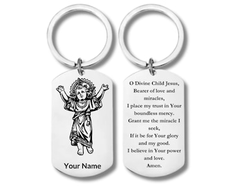 Stainless Steel Rectangular Keychain, The Divine Child Jesus with Prayer, El Divino Nino Jesus con Oracion, Personalized Engraving Included