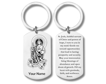 Llavero rectangular de acero inoxidable, San Judas Tadeo para la prosperidad, grabado personalizado incluido