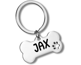 Etiqueta de identificación para mascotas de acero inoxidable, personalizada para perros y gatos, con texto personalizado grabado en ambos lados en color hueso.