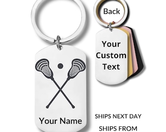 Lacrosse Sticks, Stainless Steel Rectangular Keychain, Personalized Engraving Included