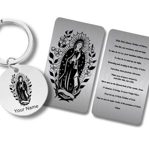 Gebedskaart van de Maagd Maria met sleutelhanger, roestvrij staal, inclusief gepersonaliseerde gravure