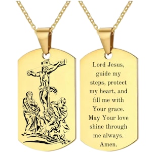 Jesus Cross with Prayer, Stainless Steel Dog Tag Engraved Necklace