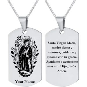 Collar Virgen María con Oración, Santa Virgen María con Oración, Etiqueta de Acero Inoxidable, Grabado Personalizado Incluido