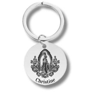 Runder Schlüsselanhänger aus Edelstahl, Jungfrau Maria mit Gebet, Unsere Liebe Frau von Guadalupe con Oracion, inklusive personalisierter Gravur