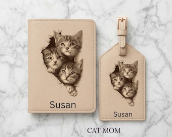 Regalo de viaje personalizado Portapasaporte personalizado Etiqueta para equipaje Gatos Accesorio de viaje Regalo de aniversario Regalo para amantes de los animales Regalo único de animales