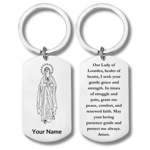 Unsere Dame von Lourdes, Nuestra Señora de Lourdes, rechteckiger Schlüsselbund aus Edelstahl, inklusive personalisierter Gravur