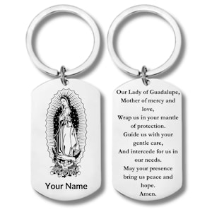 Rechteckiger Schlüsselbund aus Edelstahl, Unsere Dame von Guadalupe mit Gebet, Virgen de Guadalupe Oracion, inklusive personalisierter Gravur