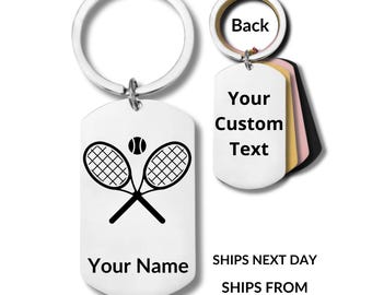 Raquetas de tenis con pelota, deportes, llavero de acero inoxidable, grabado personalizado