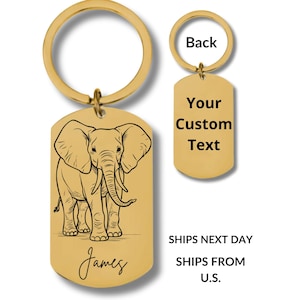 Elefante, llavero rectangular grabado de acero inoxidable, grabado personalizado incluido