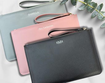 Personalized Makeup Clutch Bridesmaid Gift Saffiano PU Leather Cosmetic Bag Monogrammed Travel Pouch Mothers Day Bridal Favor
