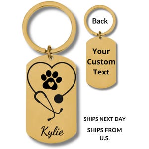 Veterinary Heart Stethoscope, Stainless Steel Rectangular Keychain, Personalized Engraving Included