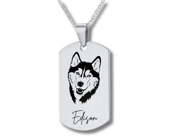 Könnte beinhalten: Silberne Hundemarke mit Halskette, mit einer schwarzen und weißen Husky-Silhouette und dem eingravierten Namen "Edison".