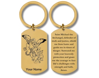 Stainless Steel Rectangular Keychain, Saint Michael the Archangel with Protection Prayer, Personalized Engraving Included