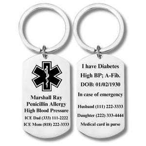 Medical Id Tag, Stainless Steel Engraved Rectangle Keychain, Personalized Engraving Included