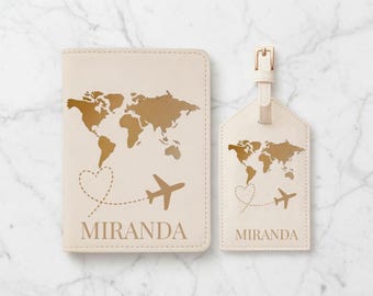 Funda de pasaporte personalizada y etiqueta para equipaje Mapa del mundo Cartera de pasaporte personalizada Regalo de boda Regalo de viaje para ella Propuesta de padrinos de boda