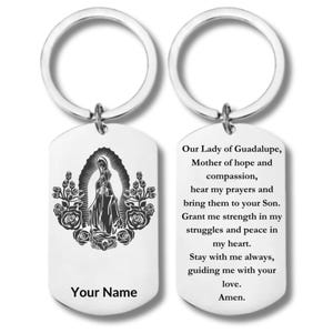 Rechteckiger Schlüsselbund aus Edelstahl, Jungfrau Maria mit Gebet, Unsere Liebe Frau von Guadalupe con Oracion, inklusive personalisierter Gravur