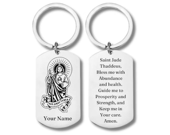 Llavero rectangular de acero inoxidable, San Judas Tadeo para la Abundancia, grabado personalizado incluido