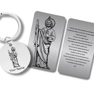 Saint Jude-gebedskaart met sleutelhanger Roestvrij staal, gepersonaliseerde gravure inbegrepen Religieuze heilige kaart Saint Jude