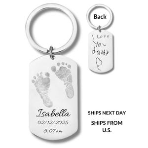 Llavero con huella de pie real, huella de bebé, regalo personalizado, huella grabada, regalo para recién nacido, mensaje personalizado escrito a mano