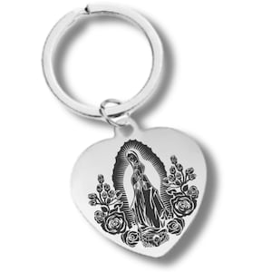 Edelstahl Herzform Schlüsselbund, Jungfrau Maria, Unsere Dame von Guadalupe, personalisierte Gravur inklusive