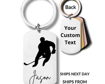 Hockey Player, Stainless Steel Keychain, Personalized Engraving Included