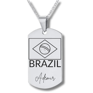 Brazil Flag, Stainless Steel Engraved Necklace, Personalized Engraving Included