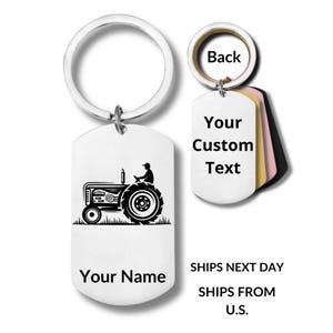 Farm Tractor, Stainless Steel Rectangular Keychain, Personalized Engraving Included