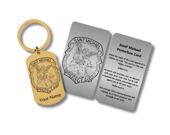 Saint Michael the Archangel Prayer Card with Stainless Steel  Keychain Personalized Engraving Included