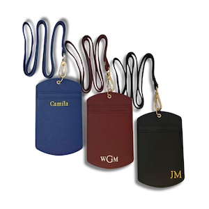 Personalized Leather ID Badge Holder Lanyard Custom Initial Monogram Badge Protector Coworker Gift Saffiano PU Leather ID Lanyard iD Pouch