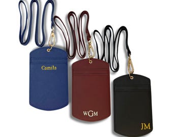 Personalized Leather ID Badge Holder Lanyard Custom Initial Monogram Badge Protector Coworker Gift Saffiano PU Leather ID Lanyard iD Pouch