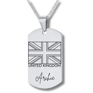 United Kingdom Flag, Stainless Steel Engraved Necklace, Personalized Engraving Included