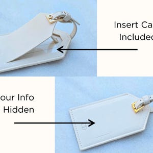 May include: Cream-colored luggage tag with a gold-colored buckle and strap. The tag has a clear window for an insert card. The text "Insert Card Included" and "Your Info is Hidden" are visible.