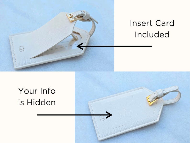 May include: Cream-colored luggage tag with a gold-colored buckle and strap. The tag has a clear window for an insert card. The text "Insert Card Included" and "Your Info is Hidden" are visible.