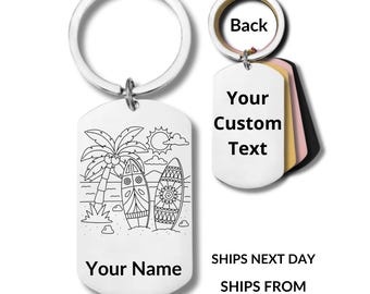 Surfboard, Stainless Steel Keychain, Personalized Engraving