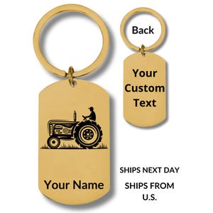Farm Tractor, Stainless Steel Rectangular Keychain, Personalized Engraving Included