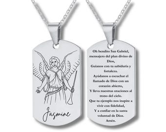 St. Gabriel, the Archangel with Prayer in Spanish, Stainless Steel Rectangular Necklace, Personalized Engraving Included