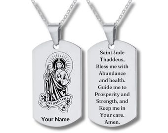Stainless Steel Rectangular Necklace, Saint Jude with Abundance Prayer, San Judas Tadeo para la Abundancia, Personalized Engraving Included