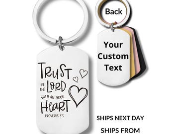 Chrześcijański brelok do kluczy "Zaufaj Panu", brelok z wersetem biblijnym, Księga Przysłów 35, brelok z wersetem biblijnym, prezent religijny dla niej i dla niego, grawerowany nieśmiertelnik