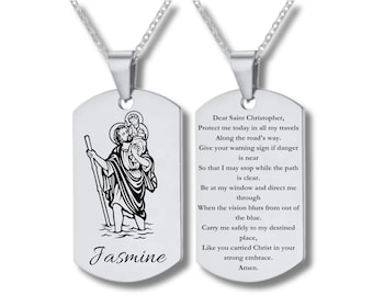 Oración de bendición del viajero a San Cristóbal, collar grabado en acero inoxidable, grabado personalizado incluido