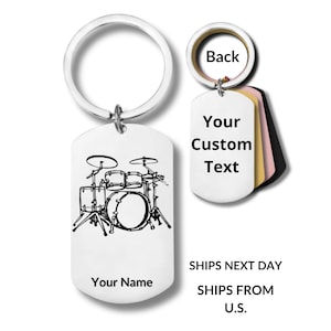 Stainless Steel Rectangular Keychain, Drum Set, Personalized Engraving Included