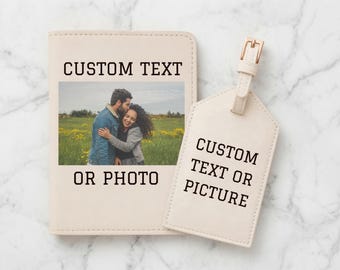 Funda de pasaporte y etiqueta de equipaje personalizadas, foto y texto personalizados, cartera para pasaporte, regalo de boda, regalo de viaje para ella, propuesta de padrinos de boda.