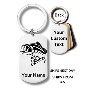 Bass Fish, Stainless Steel Rectangular Keychain, Personalized Engraving Included