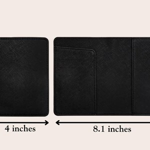 May include: Two black leather organizers are displayed. The smaller one is 4 inches wide and 5.6 inches tall. The larger one is 8.1 inches wide. Both have a textured surface and are shown against a neutral background.